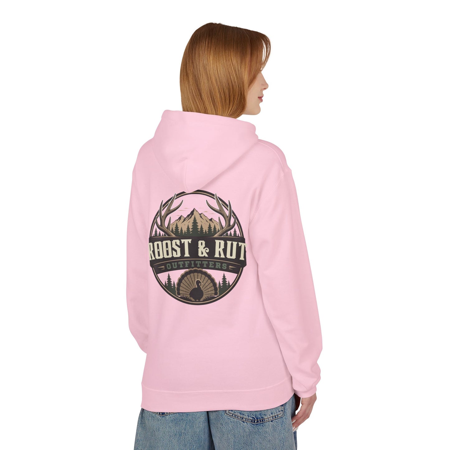 Roast & Rut Outfitters Hoodie — Vintage Hunting Lodge Logo Pullover