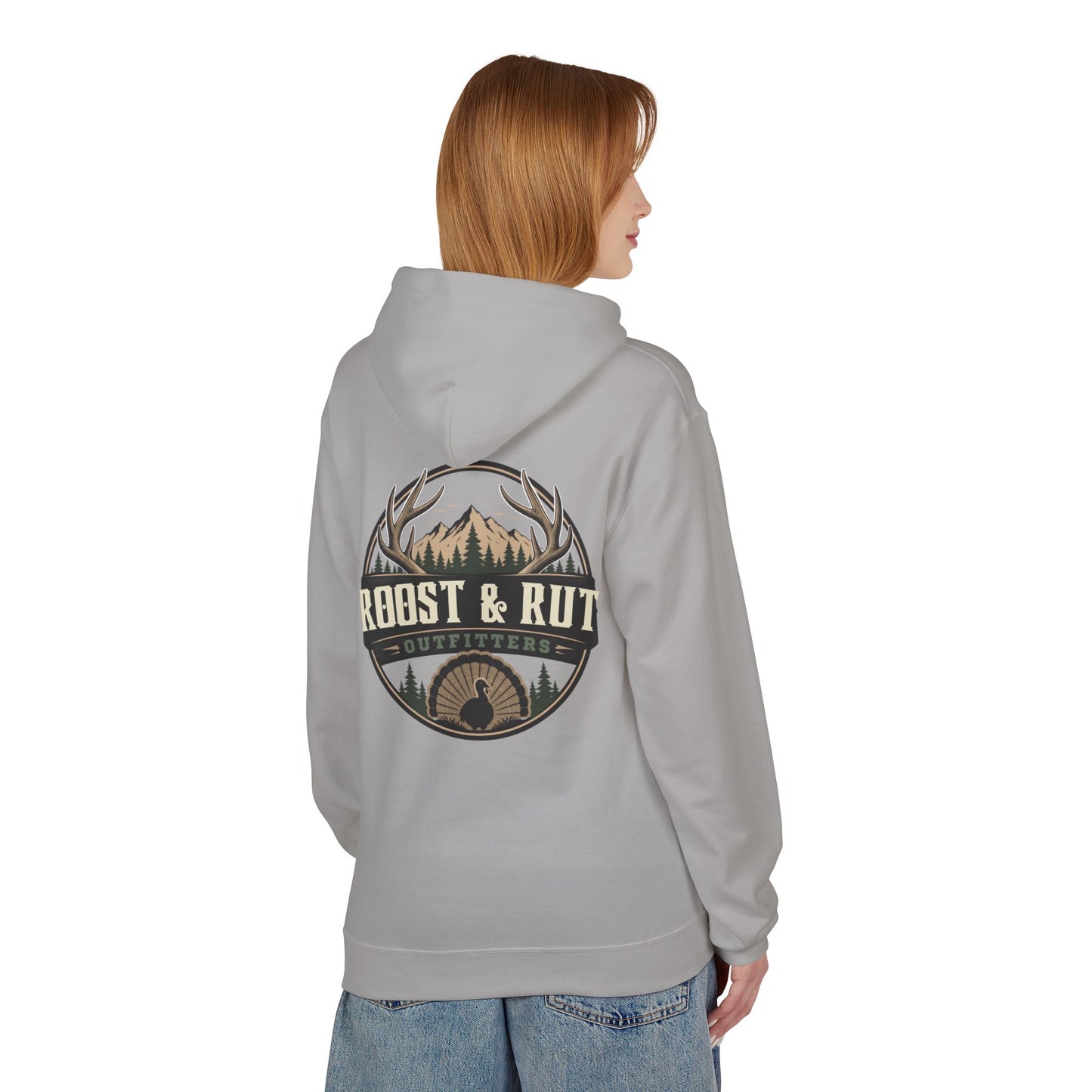 Roast & Rut Outfitters Hoodie — Vintage Hunting Lodge Logo Pullover