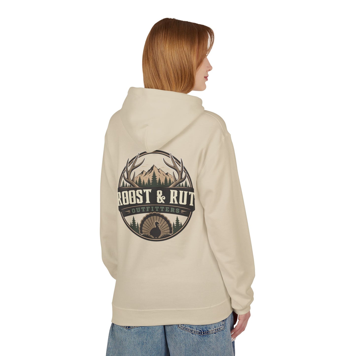 Roast & Rut Outfitters Hoodie — Vintage Hunting Lodge Logo Pullover