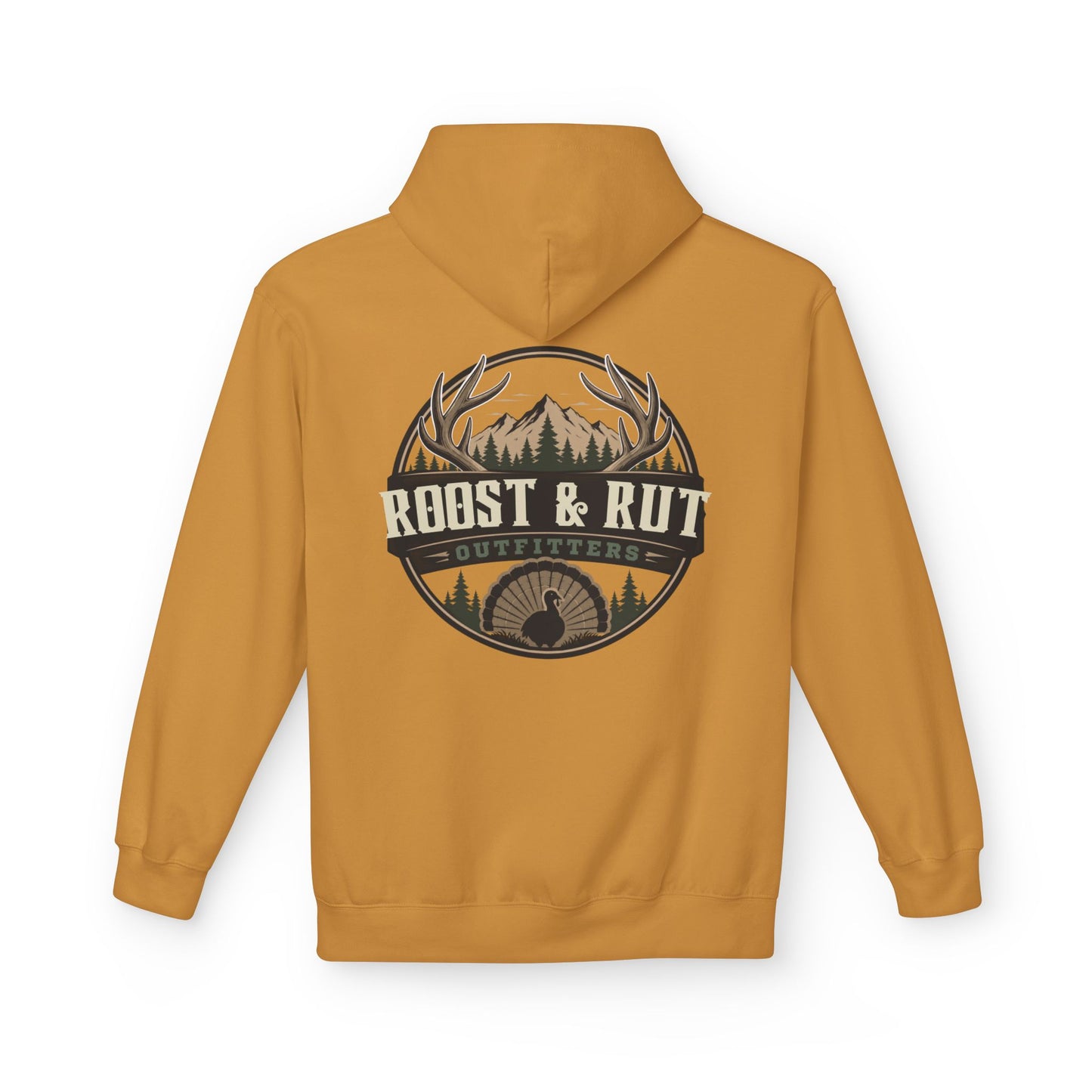 Roast & Rut Outfitters Hoodie — Vintage Hunting Lodge Logo Pullover