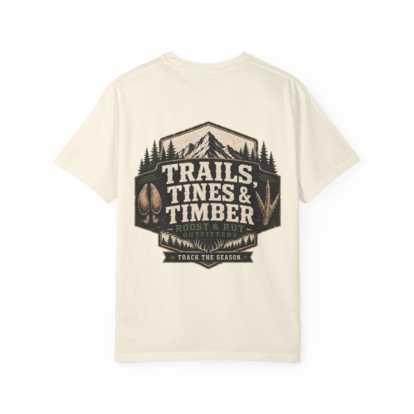 Trails, Tines & Timber T-Shirt — Rustic Outdoor Hunting & Fishing Graphic Tee