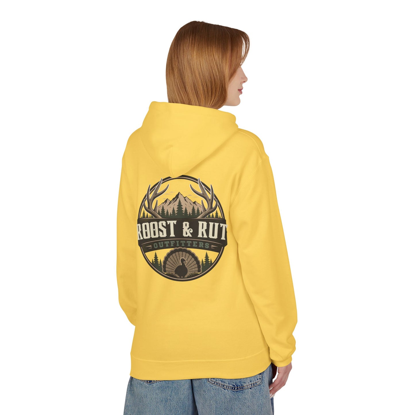 Roast & Rut Outfitters Hoodie — Vintage Hunting Lodge Logo Pullover