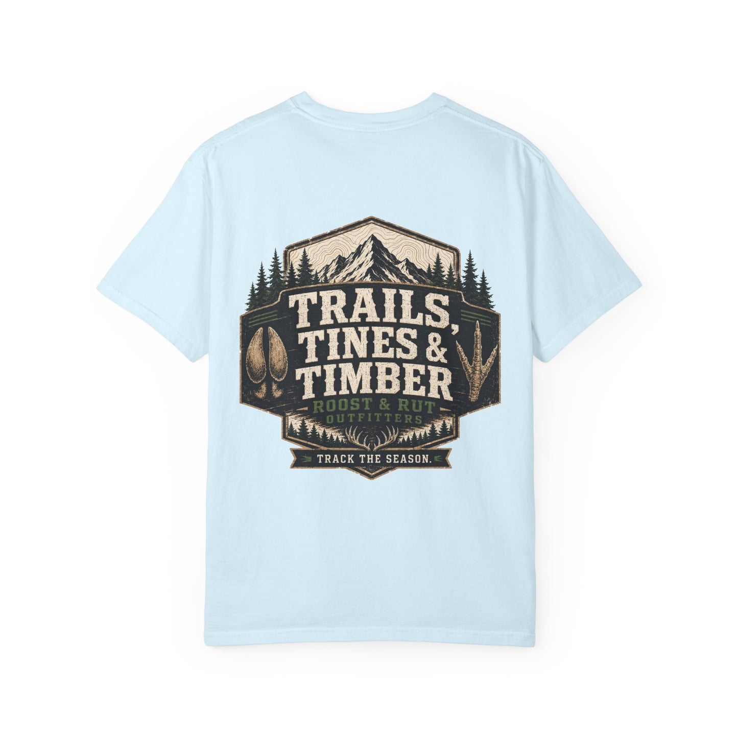Trails, Tines & Timber T-Shirt — Rustic Outdoor Hunting & Fishing Graphic Tee