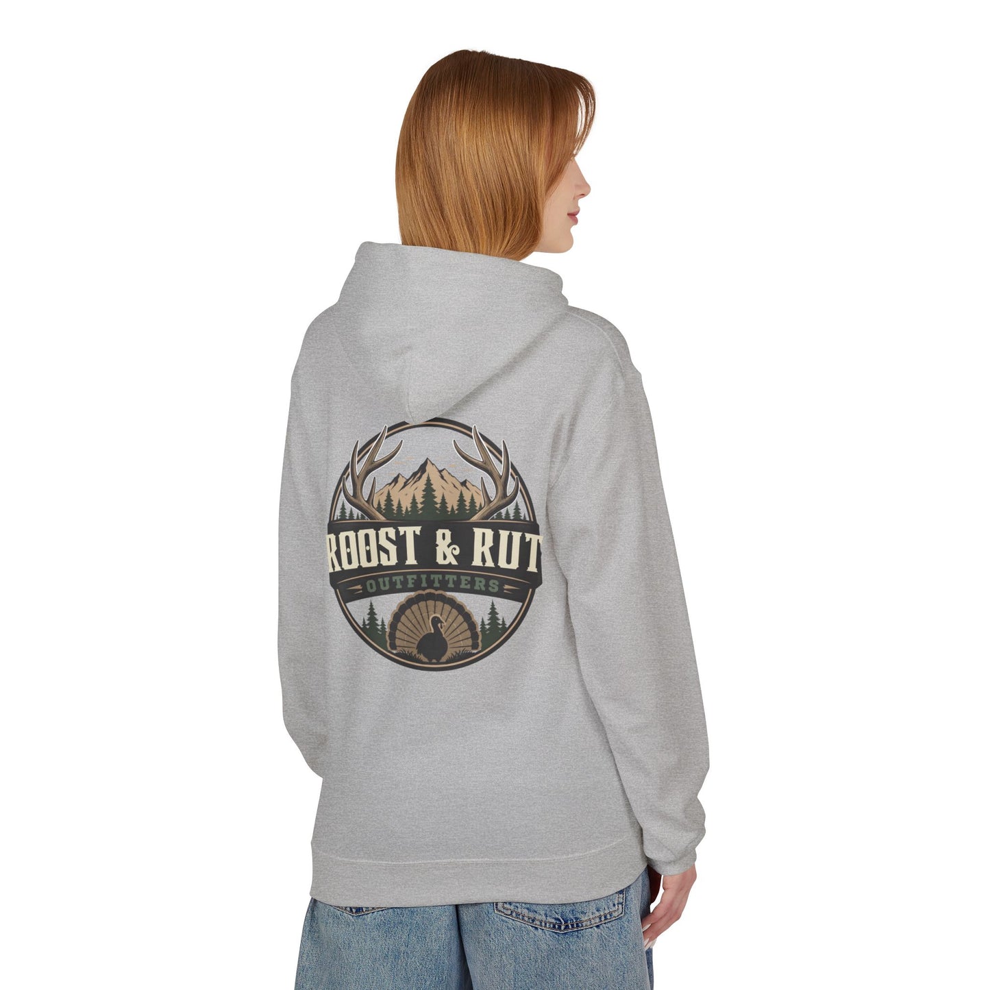 Roast & Rut Outfitters Hoodie — Vintage Hunting Lodge Logo Pullover