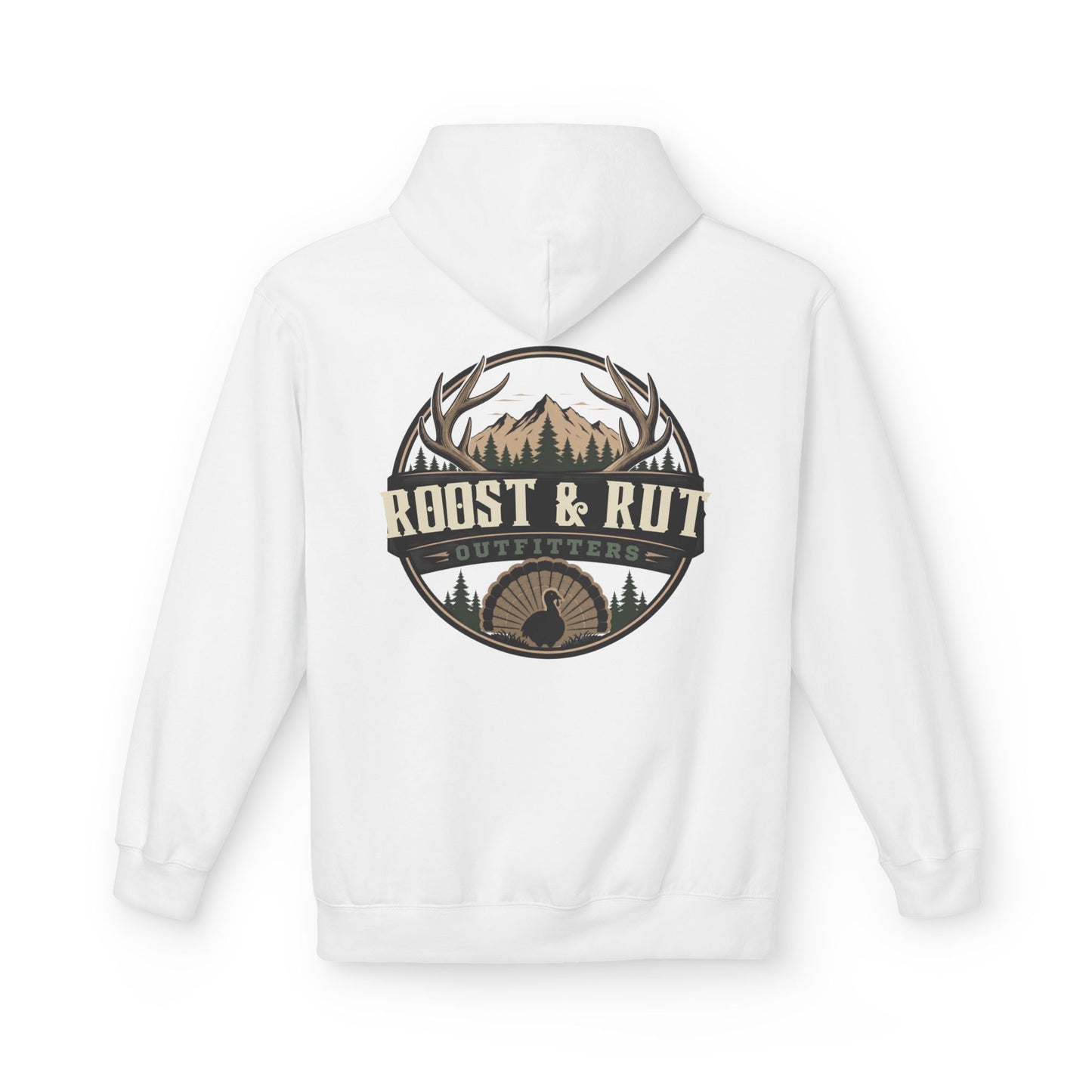 Roast & Rut Outfitters Hoodie — Vintage Hunting Lodge Logo Pullover