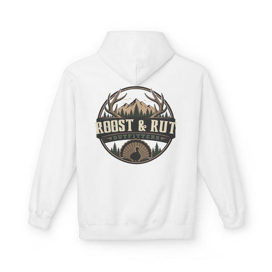 Roast & Rut Outfitters Hoodie — Vintage Hunting Lodge Logo Pullover