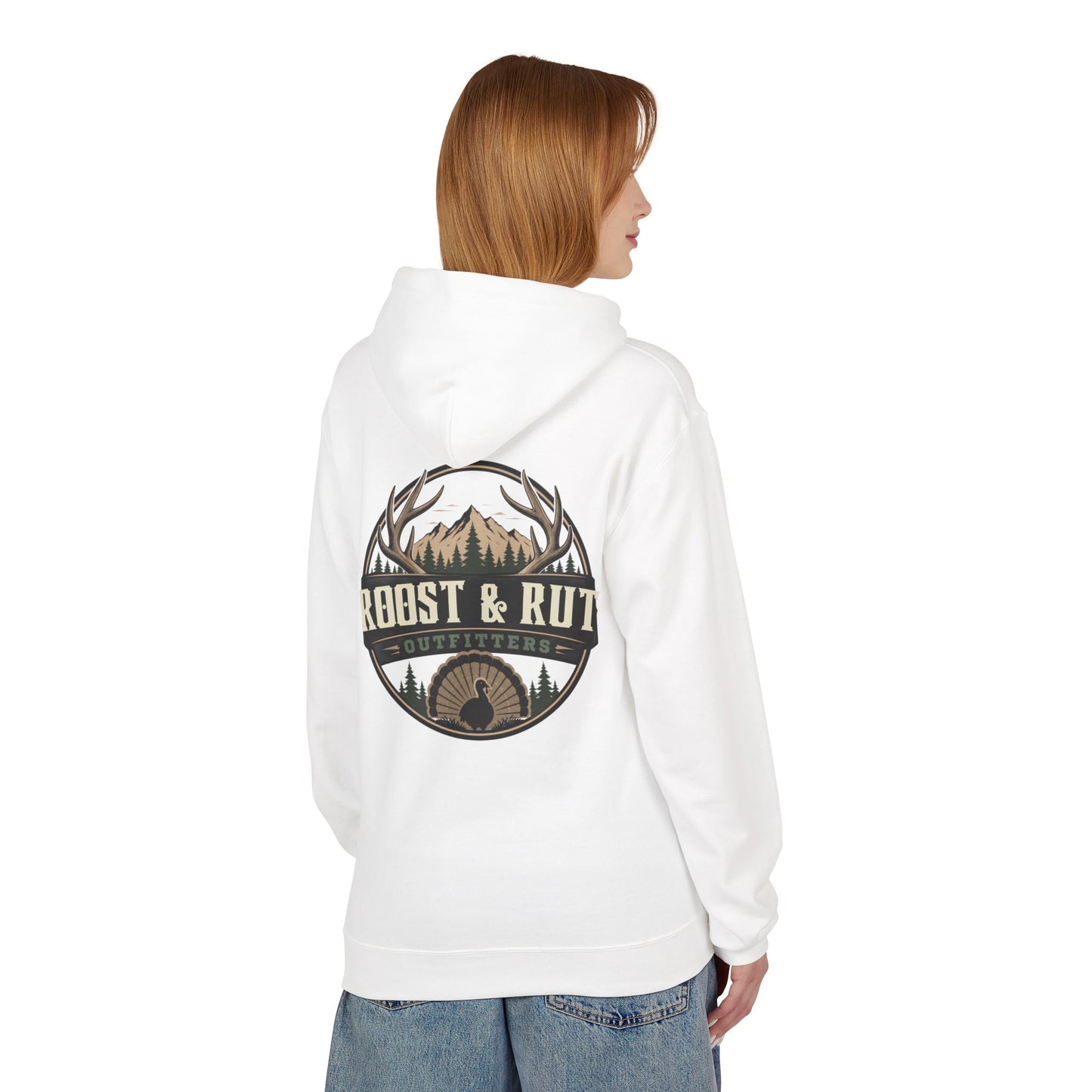 Roast & Rut Outfitters Hoodie — Vintage Hunting Lodge Logo Pullover