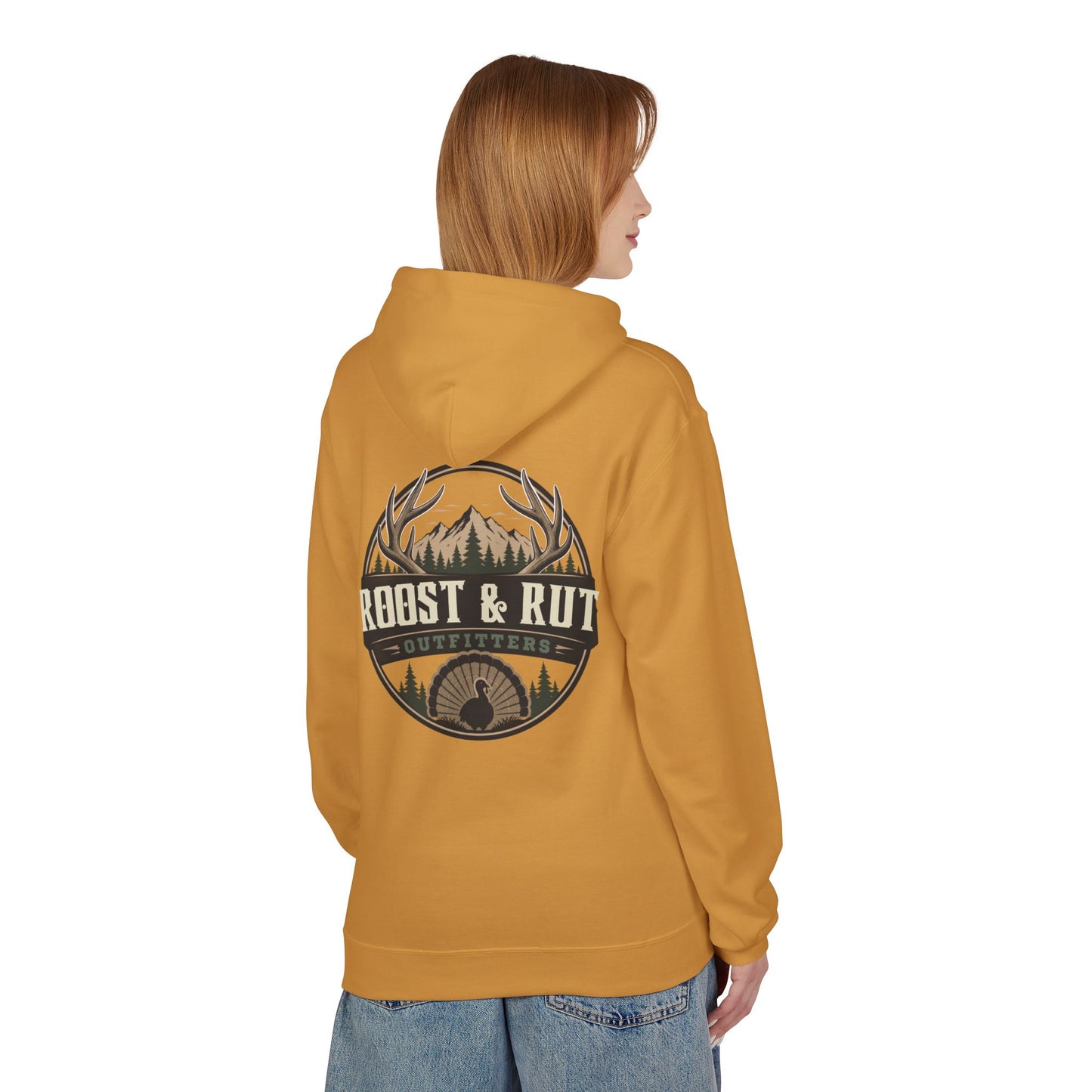 Roast & Rut Outfitters Hoodie — Vintage Hunting Lodge Logo Pullover