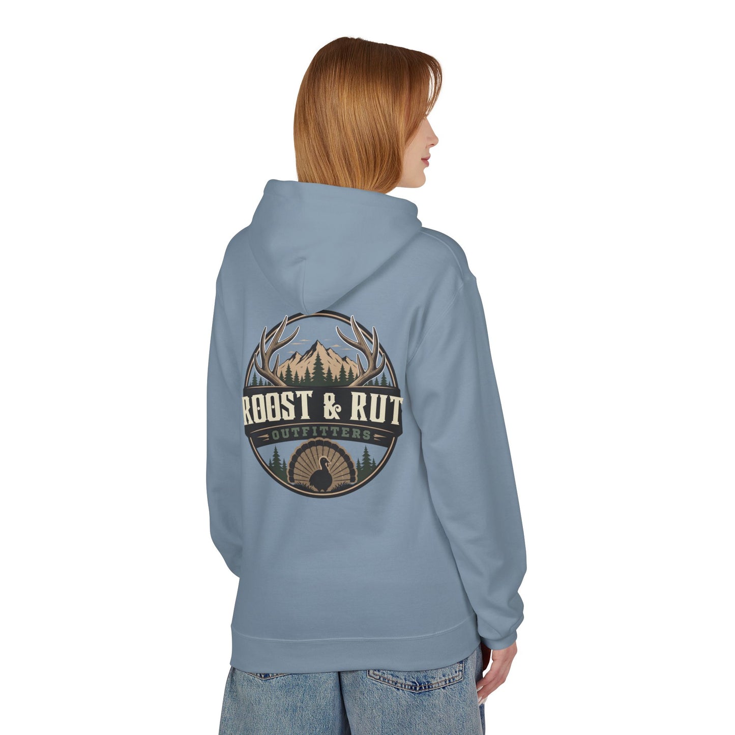 Roast & Rut Outfitters Hoodie — Vintage Hunting Lodge Logo Pullover