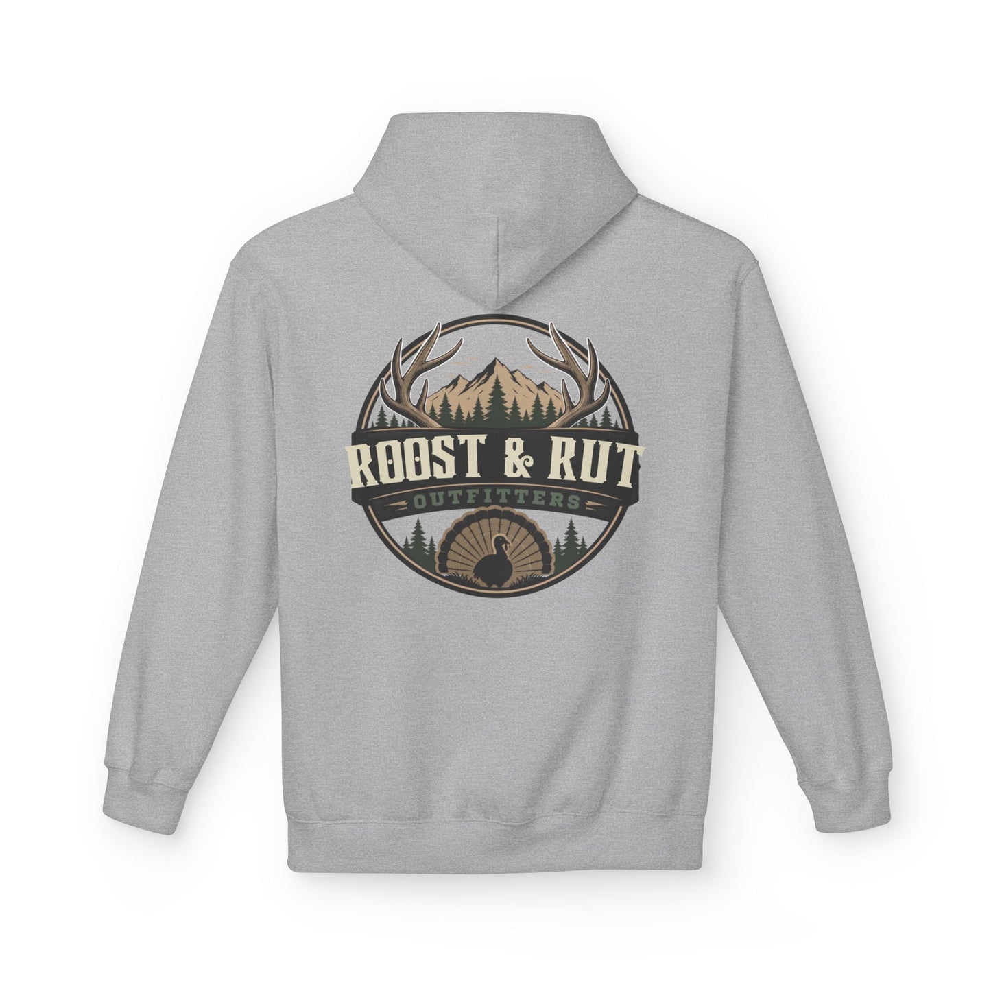 Roast & Rut Outfitters Hoodie — Vintage Hunting Lodge Logo Pullover