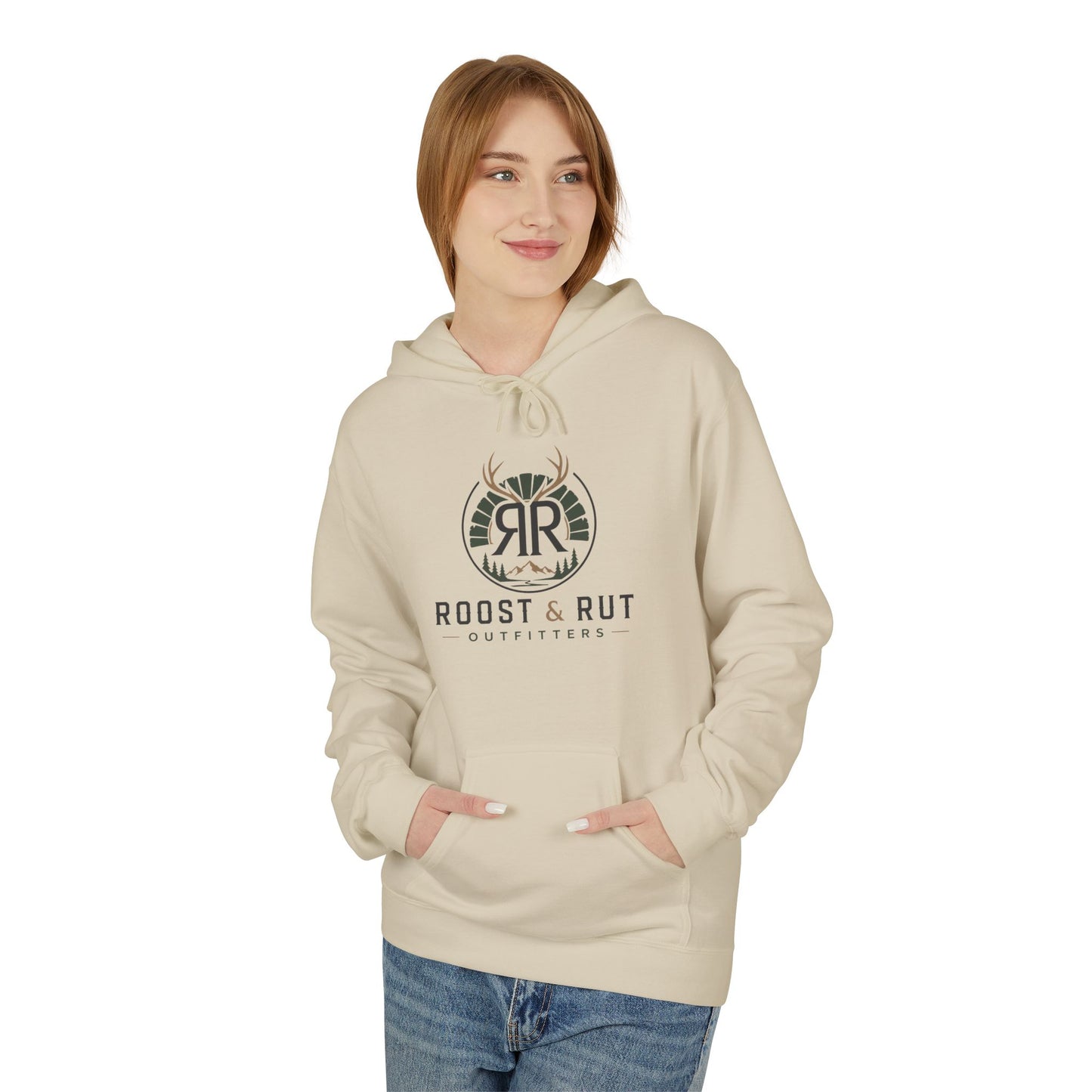 Roast & Rut Outfitters Hoodie — Vintage Hunting Lodge Logo Pullover