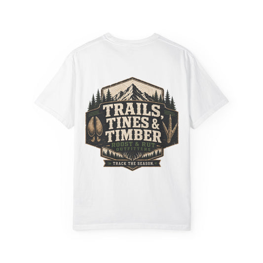Trails, Tines & Timber T-Shirt — Rustic Outdoor Hunting & Fishing Graphic Tee