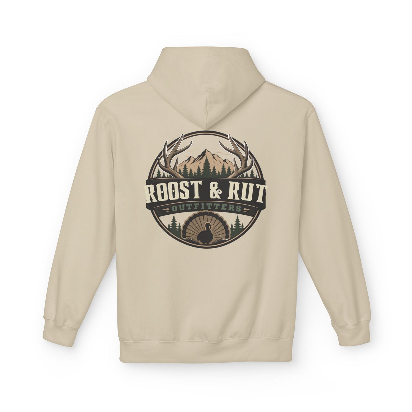 Roast & Rut Outfitters Hoodie — Vintage Hunting Lodge Logo Pullover