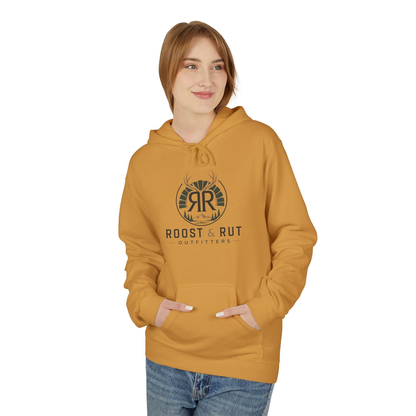 Roast & Rut Outfitters Hoodie — Vintage Hunting Lodge Logo Pullover