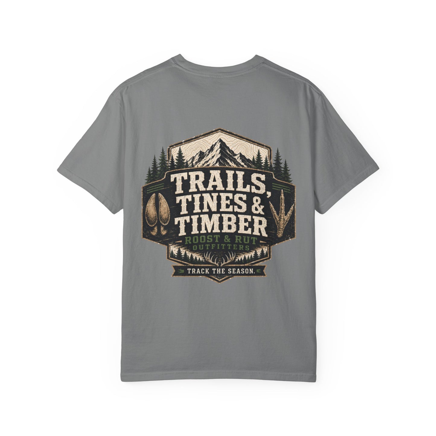 Trails, Tines & Timber T-Shirt — Rustic Outdoor Hunting & Fishing Graphic Tee
