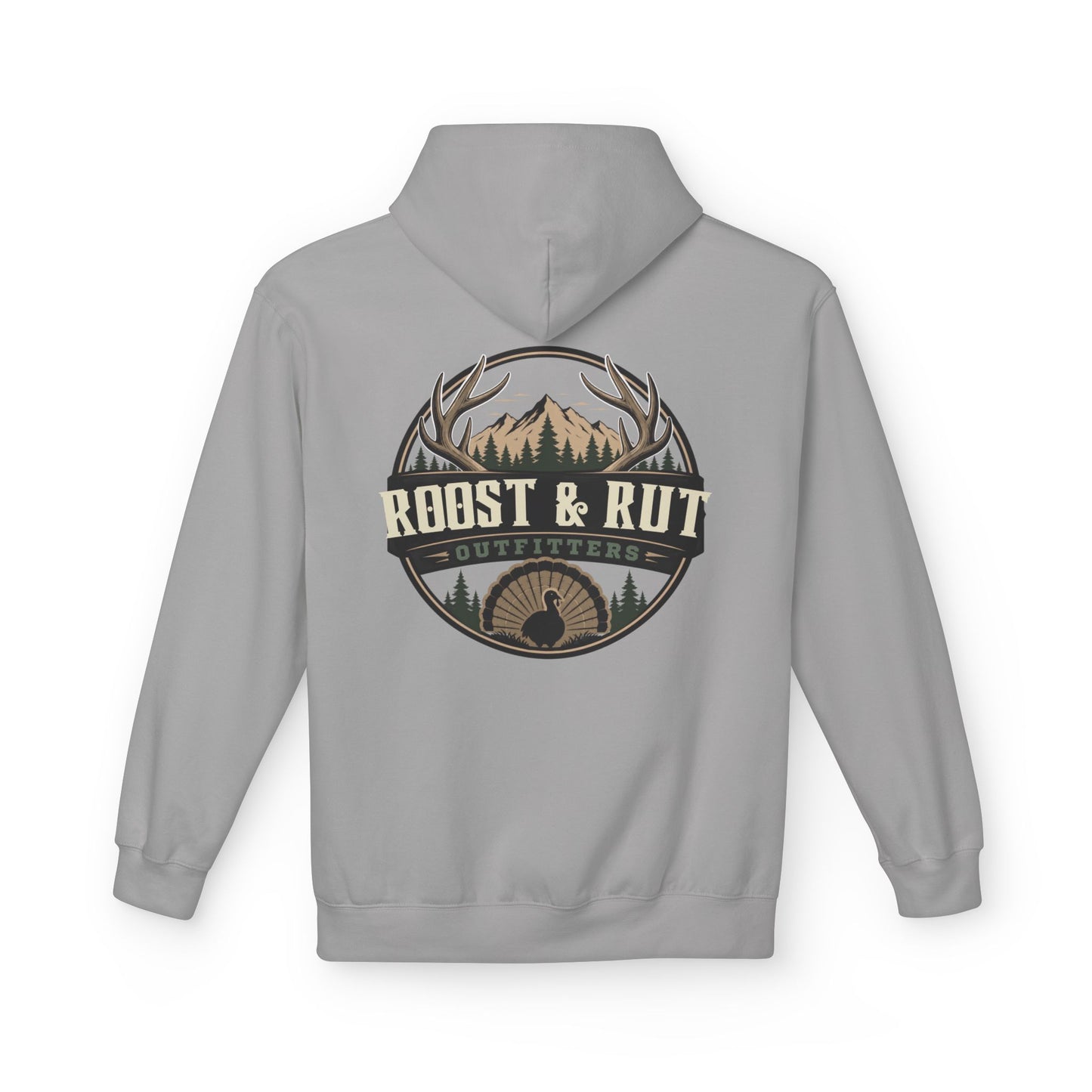 Roast & Rut Outfitters Hoodie — Vintage Hunting Lodge Logo Pullover